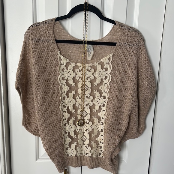 Free People Sweaters - Free People Tan and Cream Lace Scoop Neck Sweater